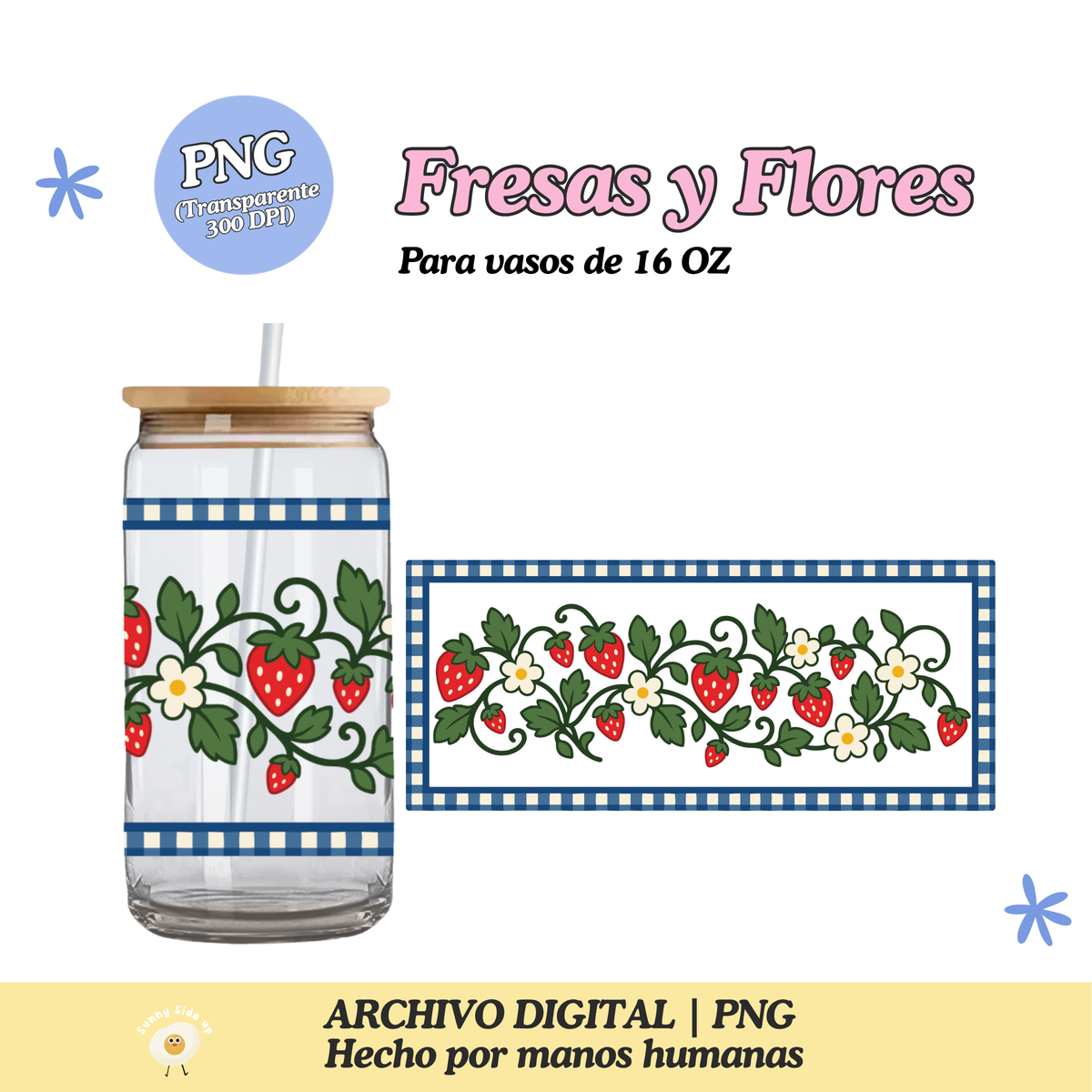Fresas y Flores Diseño Para Vaso de 16Oz [Archivo Digital]