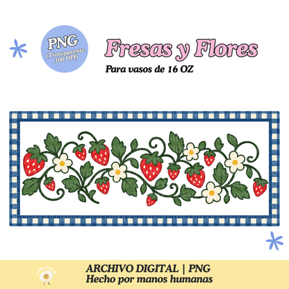 Fresas y Flores Diseño Para Vaso de 16Oz [Archivo Digital]